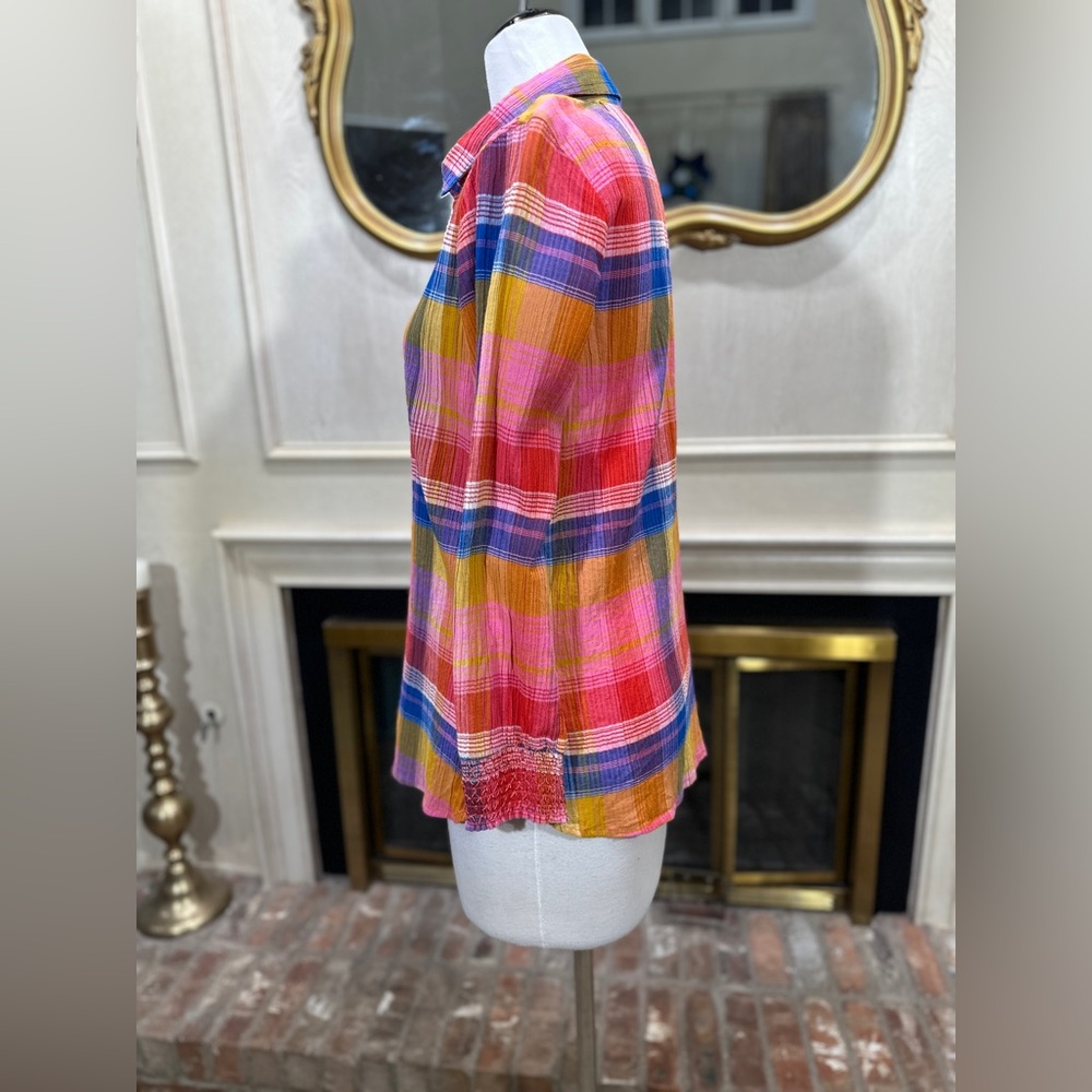 Soft Surroundings Sansonne Rainbow Plaid‎ Crinkle Blouse M - Picture 5 of 11